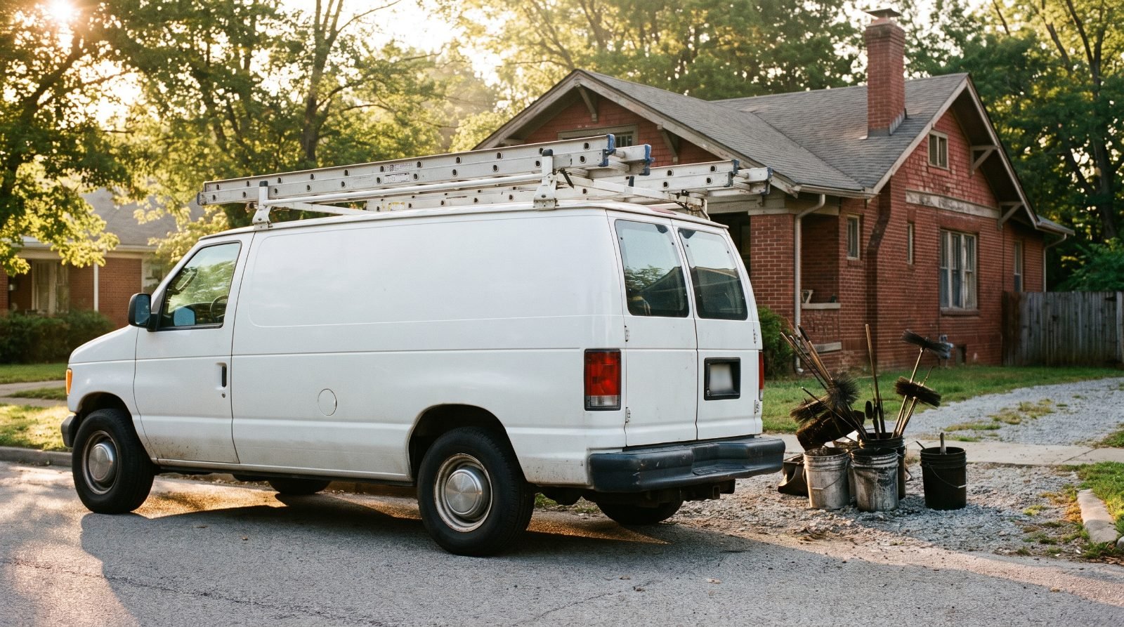 Work van, ladders and chimney equipment staged outside a brick house