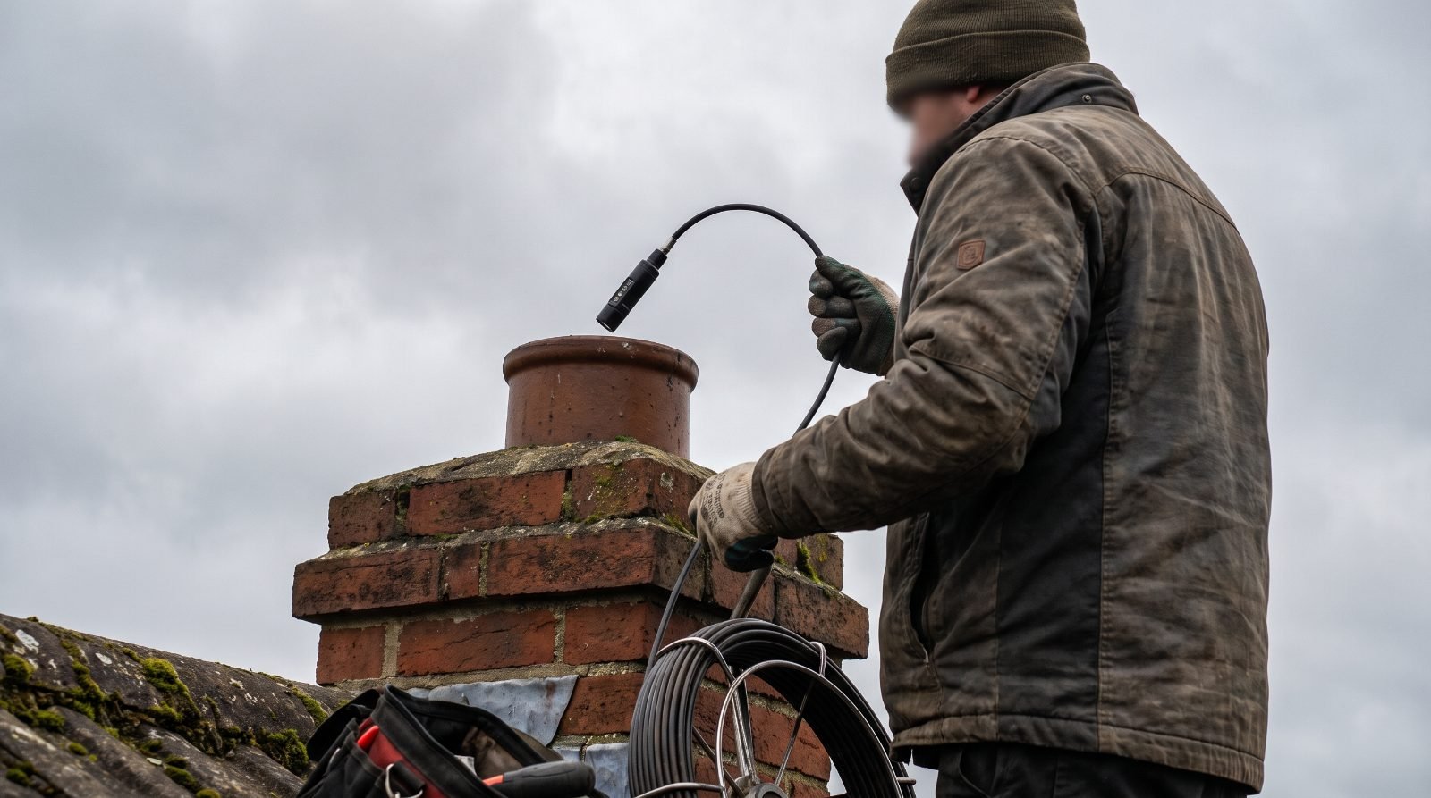 Chimney technician lowering an inspection camera into a clay flue tile from the rooftop