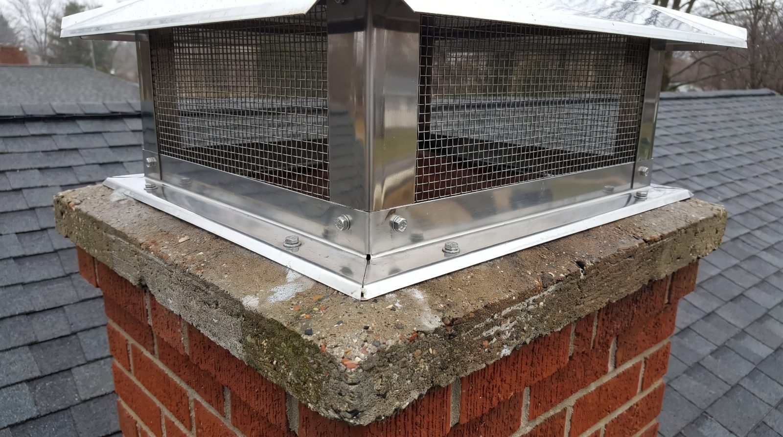 New stainless steel multi-flue chimney cap fitted over a brick chimney crown