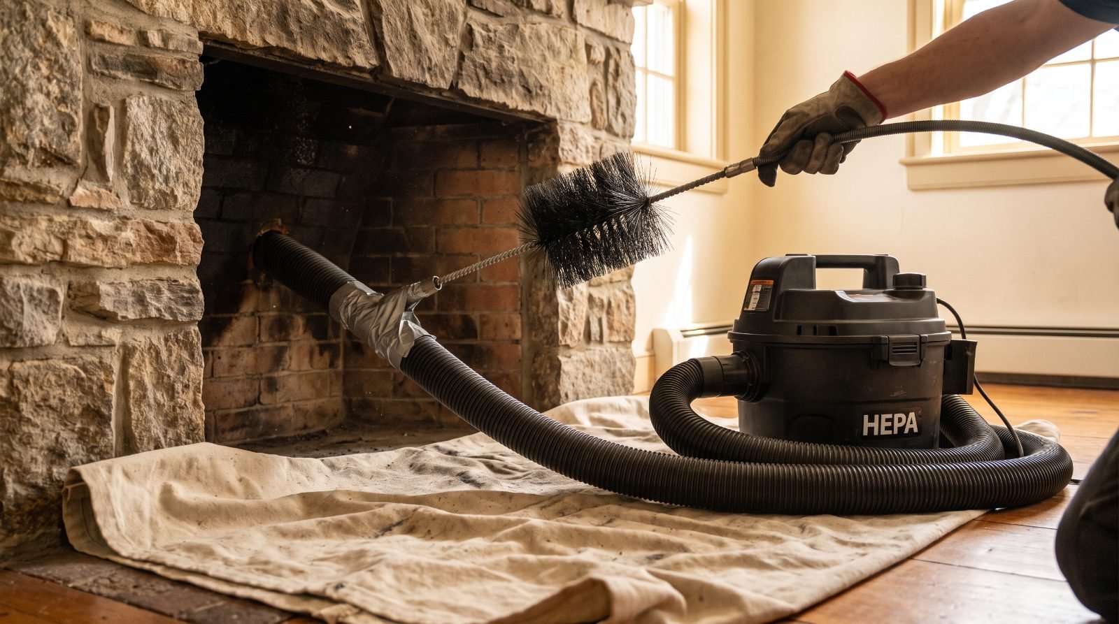 Rotary chimney brush being fed down a flue with a vacuum hose sealed at the fireplace