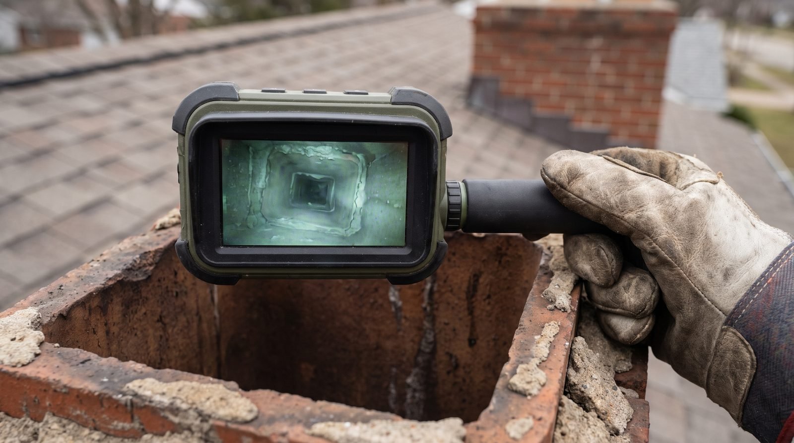 Monitor showing the inside of a clay-lined chimney flue during a camera inspection